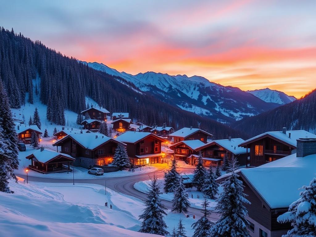 Snow-covered alpine chalet village at sunset