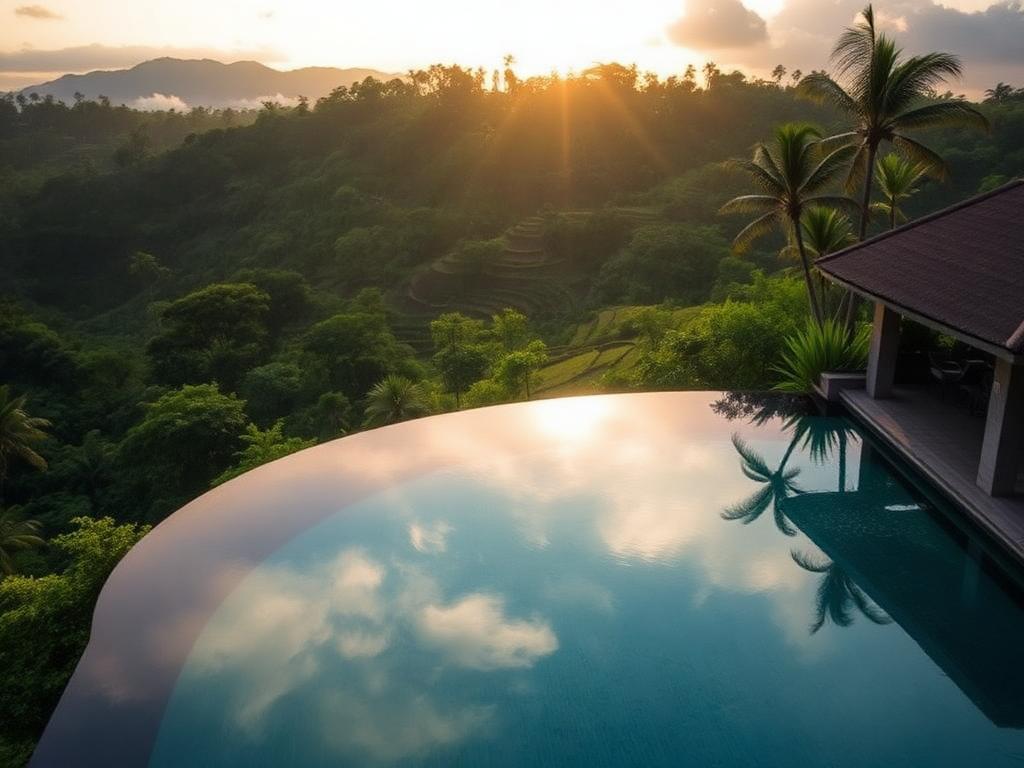 Infinity pool overlooking Bali jungle and rice terraces at sunrise