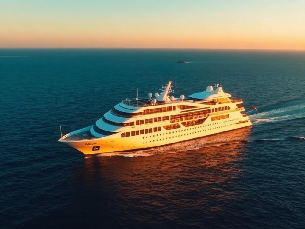 Luxury cruise ship sailing on the open ocean at golden hour