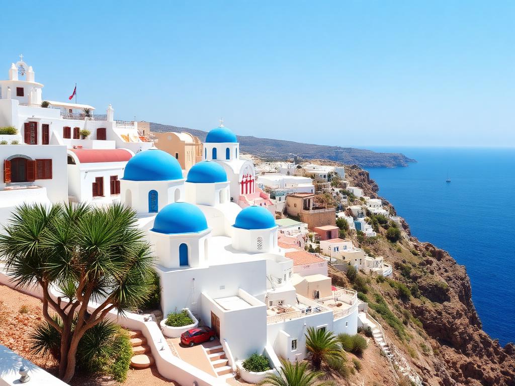 White-washed Greek island village with blue domes above the sea